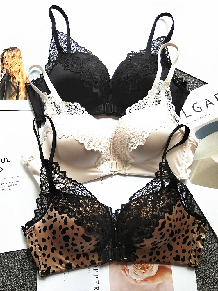 MOYISU Front Closure Bralette Panty Set Women Push-Up Enhancer Small Chest Wireless Leopard Trim Adjustable Straps Girly Allure