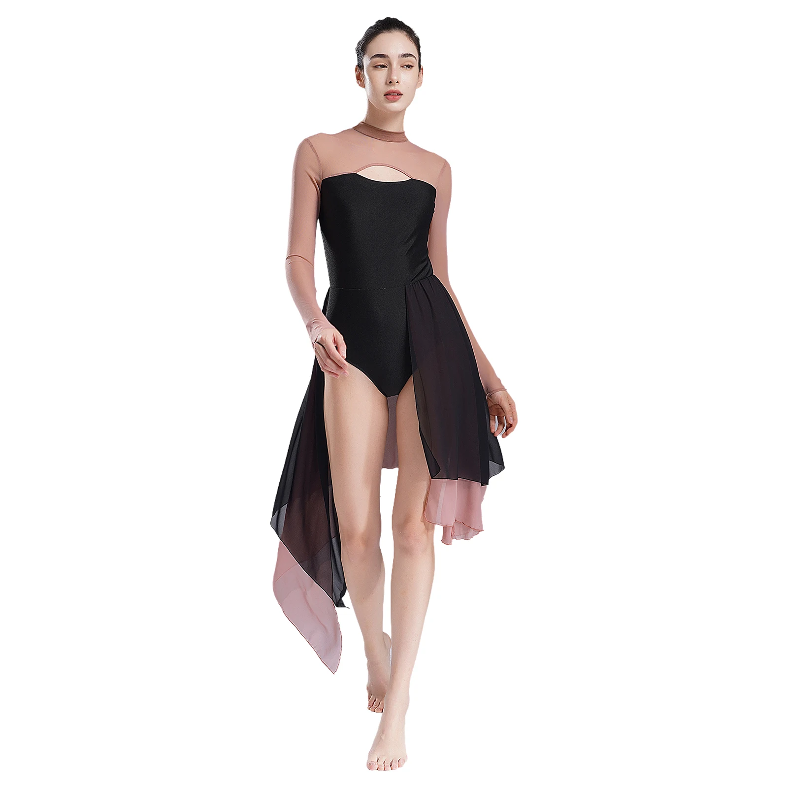 Women's Mesh Long Sleeve Figure Skating Bodysuit Dress Backless LeotardBallet Dress Modern Contemporary Lyrical Dancewear