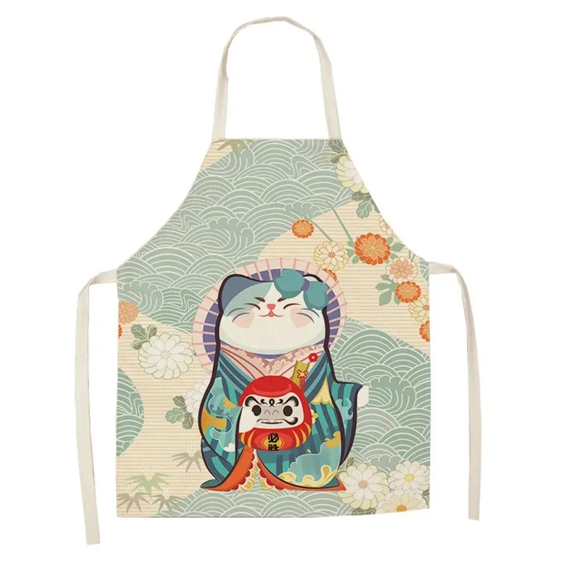 Lucky Cat Pattern Apron Home Ladies Cleaning Anti-Grease Sleeveless Bib Home Men Cooking Baking Linen Apron