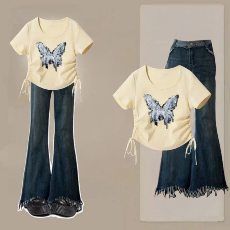 

Лето 2025 г., женские крутые тонкие футболки с бабочкой, расклешенные джинсовые брюки, костюмы из 1 или 2 предметов, женские модные топы с короткими рукавами, джинсовая одежда