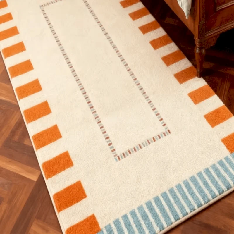 VIKAMA Geometric Frame Long Carpet Modern Stripe Anti Slip Water Absorbent Washable Bedside Mat Home Decoration
