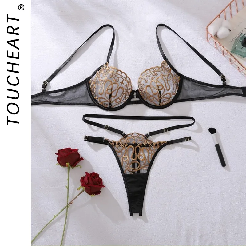 

Toucheart Sexy and Romantic Lingerie Two-piece Set Thong Embroidered See-through Slimming and Body-hugging All-in-one Set