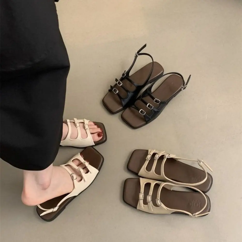 

Retro Summer Buckle Sandals French Square Toe Women Flat Sandals Beach Elegant Roman Shoes Ladies