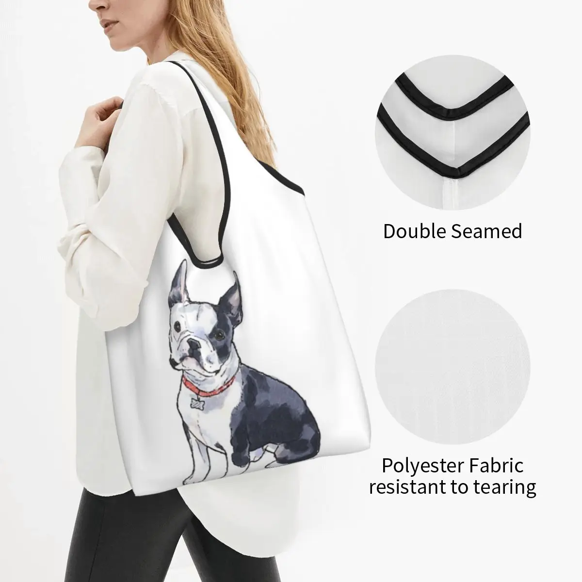 Adorable Boston Terrier Portable Tote Shopping Bags Large Capacity Shopper Bag Grocery Handbag Shoulder Bag