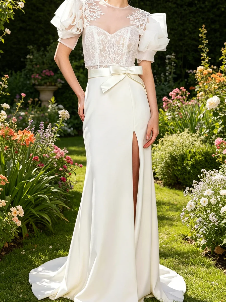 Elegant O-Neck Appliquins Irregular Sleeve Mermaid Beading  Bride Wedding Dresses Bridal Gowns Customized
