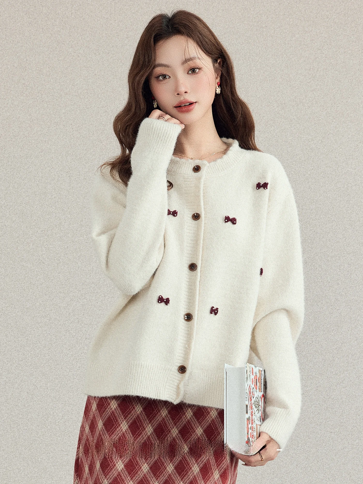 

Sweet Sle Women's Knitted Embroidered round Ne Open Cardigan Soft Breathable Long Sve Casual Outerwear for Autumn Winter