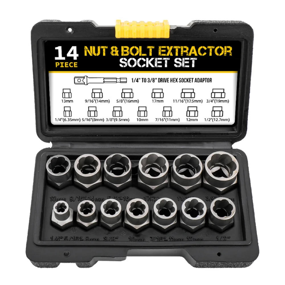 

Impact Bolt Nut Remover Cr-Mo Steel Bolt Extractor Tool Set with Solid Storage Case for Industrial Drop Shipping 14 Pcs