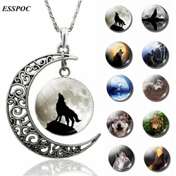 Wolf Glass Cabochon Crescent Moon Necklace Wolf Jewelry Women Sweater Chain Necklac Jewelry Christmas Gifts