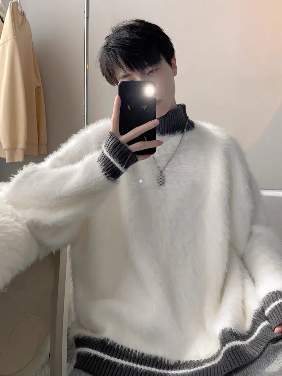 

Couples Loose Fit Knitted Sweater f High Collar Men's Autumn Casual Faion Brand Soft Camere Lazy Loose Base Layer Sweater