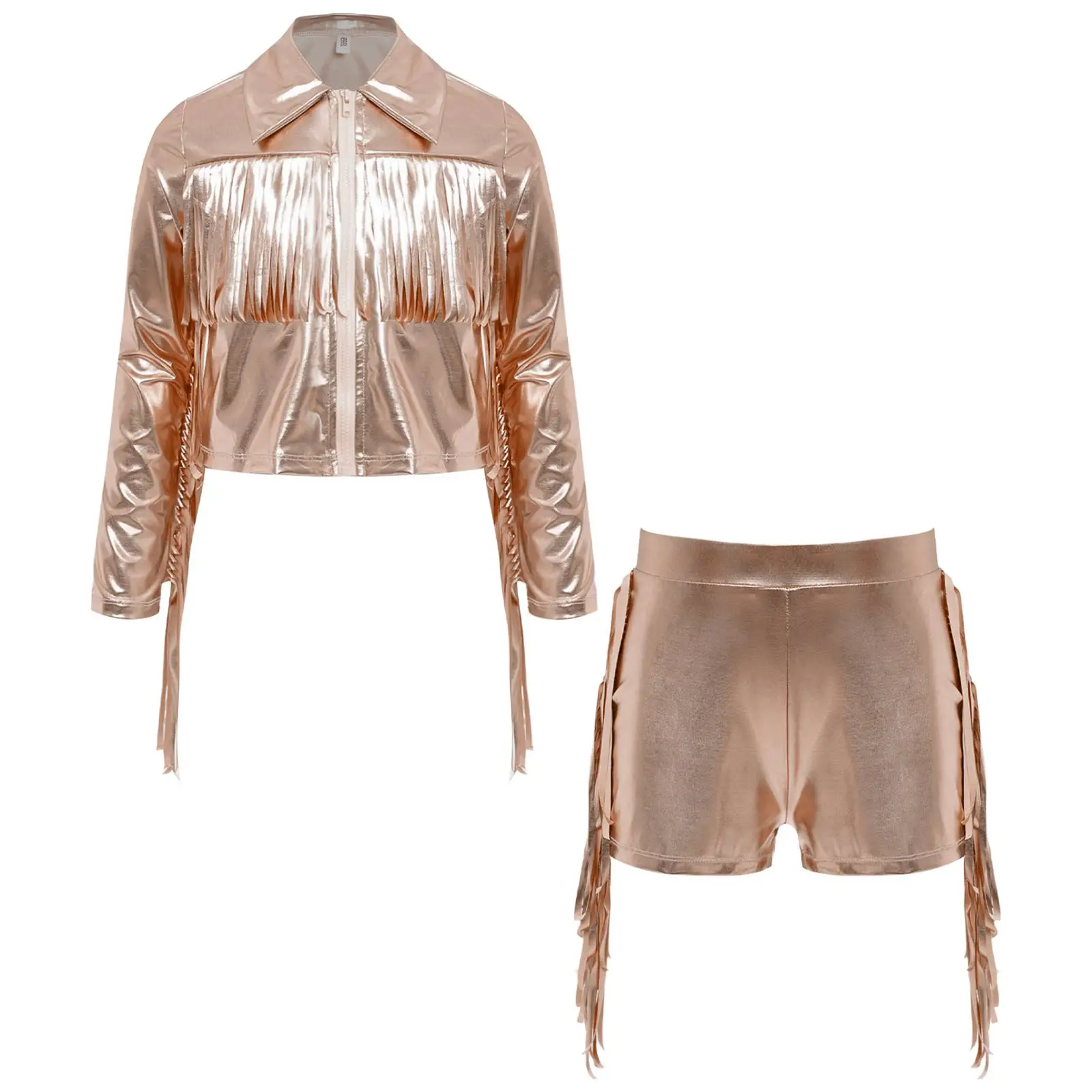 

Kids Girls Hip hop 70s Disco Dance Outfit Tassels Metallic Turn-Down Collar Long Sleeve Jacket Coat+Shorts Y2K Jazz Streetwear