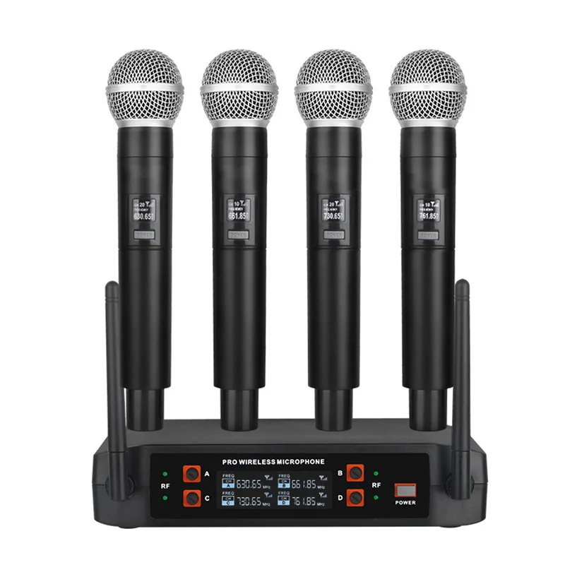 

Professional X4 Wireless Microphone System UHF 4 Channel Handheld Microphone DJ Karaoke Stage Stand Singing Microphone