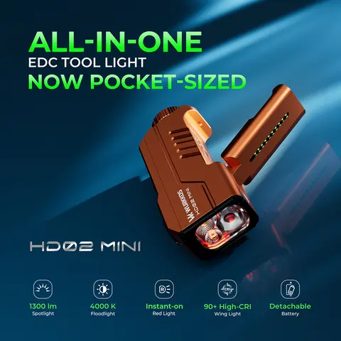 Wurkkos HD02 MINI 1300LM EDC Light Lightweight Pocket-Sized Flashlight with High-CRI Wing Light & Red Light for Outdoor