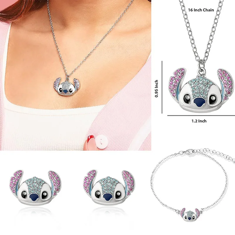 Anime Stitch Necklace Bracelet Earrings Cartoon Lilo & Stitch Print Cute Children Jewelry Wristband Kids Toys Girls Gift Christm