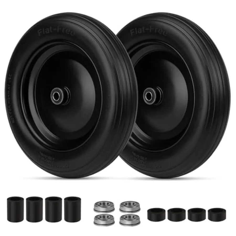 

4.80/4.00-8 Flat Free Wheelbarrow Tire with 5/8 and 3/4 Bearing 3" -7" Centered Hub for Garden Cart Ribbed Tread Foamed Polyure