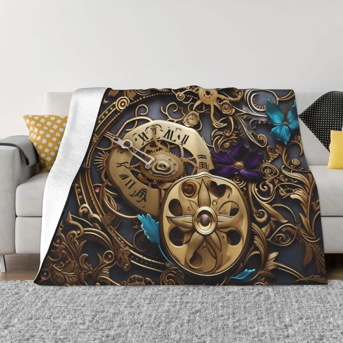 Steampunk Flowers and Rusty Clockwork with Dark Background Throw Blanket Single Travel For Sofa Thin heavy to sleep Blankets