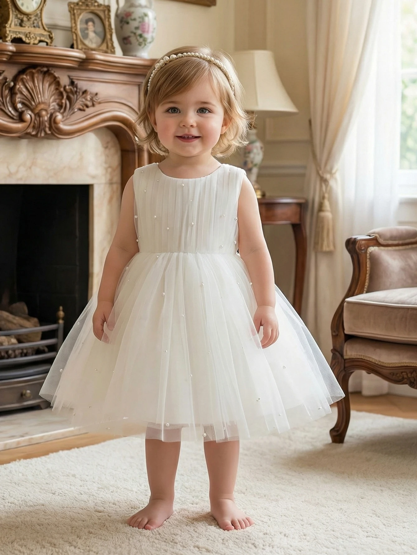 Baby Girls White Handmade Bead-Encrusted Bow Decorated Wedding Season Party Dress Net Silk Evening Gown Birthday Party Ball Even