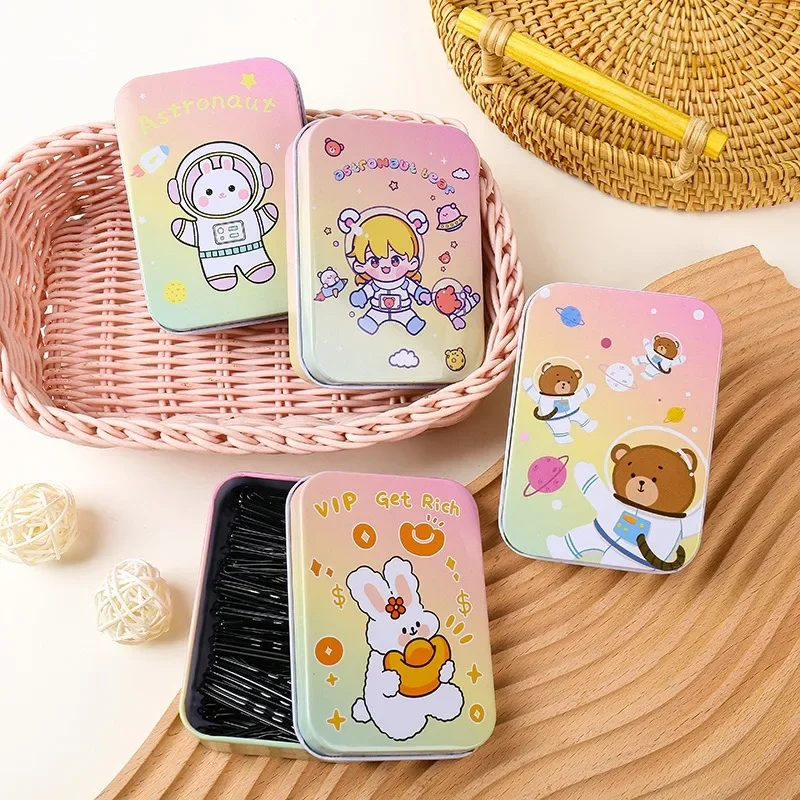 Creative Cute Cartoon Printed Rectangle Iron Box Jewelry Hairpin Storage Box Stamp Button Pin Organizer Small Object Organizer