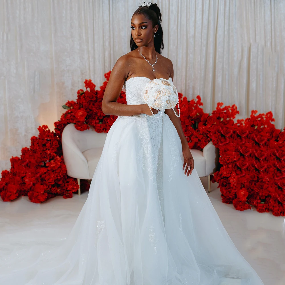 

African Luxury Wedding Dresses Mermaid Detachable Train Beading Lace Handmade Bridal Gown Strapless Robe De Mariee Customized