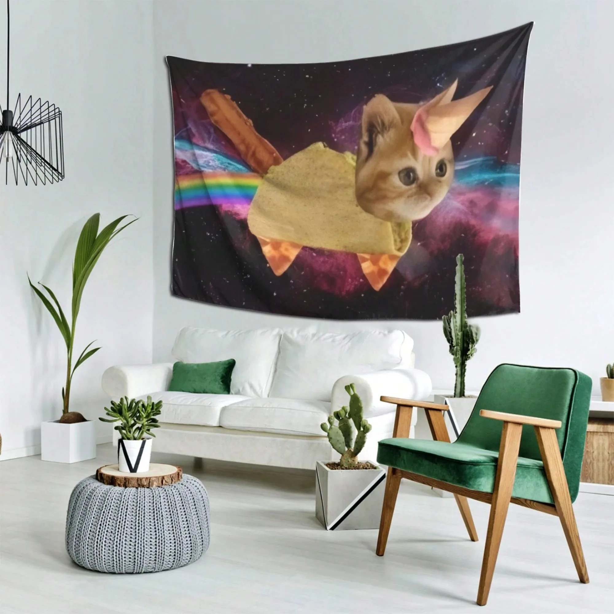 1pc Space Taco Cat Tapestry Polyester Fiber Wall Hanging Funny Unicorn Kitty Rainbow Galaxy Print Home Bedroom Dorm Decor