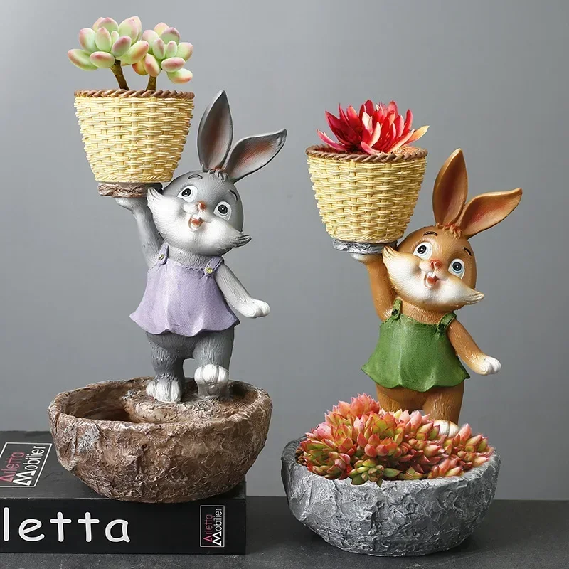 Resin cartoon animal simulation rabbit succulent green plant flower pot decoration courtyard outdoor garden decoration