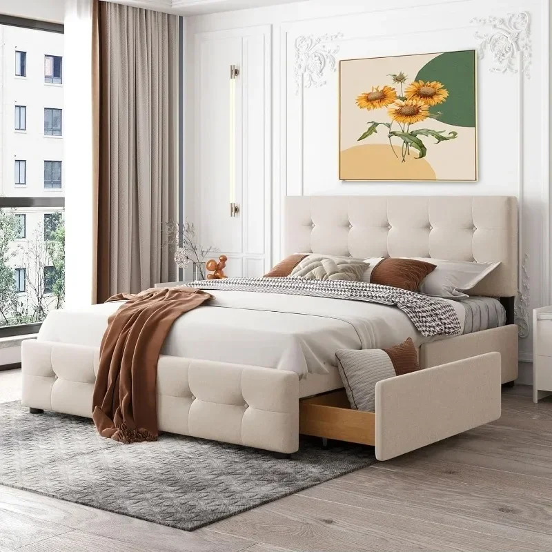 Estructura de cama tamaño queen con cajones, cama tapizada con cajones de almacenamiento, cama nido tamaño queen de tela de lino