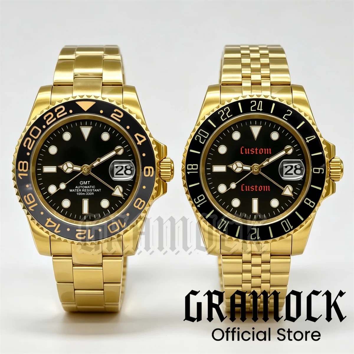 Custom GMT Automatic Watch For Men Full Gold Stainless Steel Bracelet 100M Waterproof Ceramic Bezel Luxury Mechanical Wristwatch