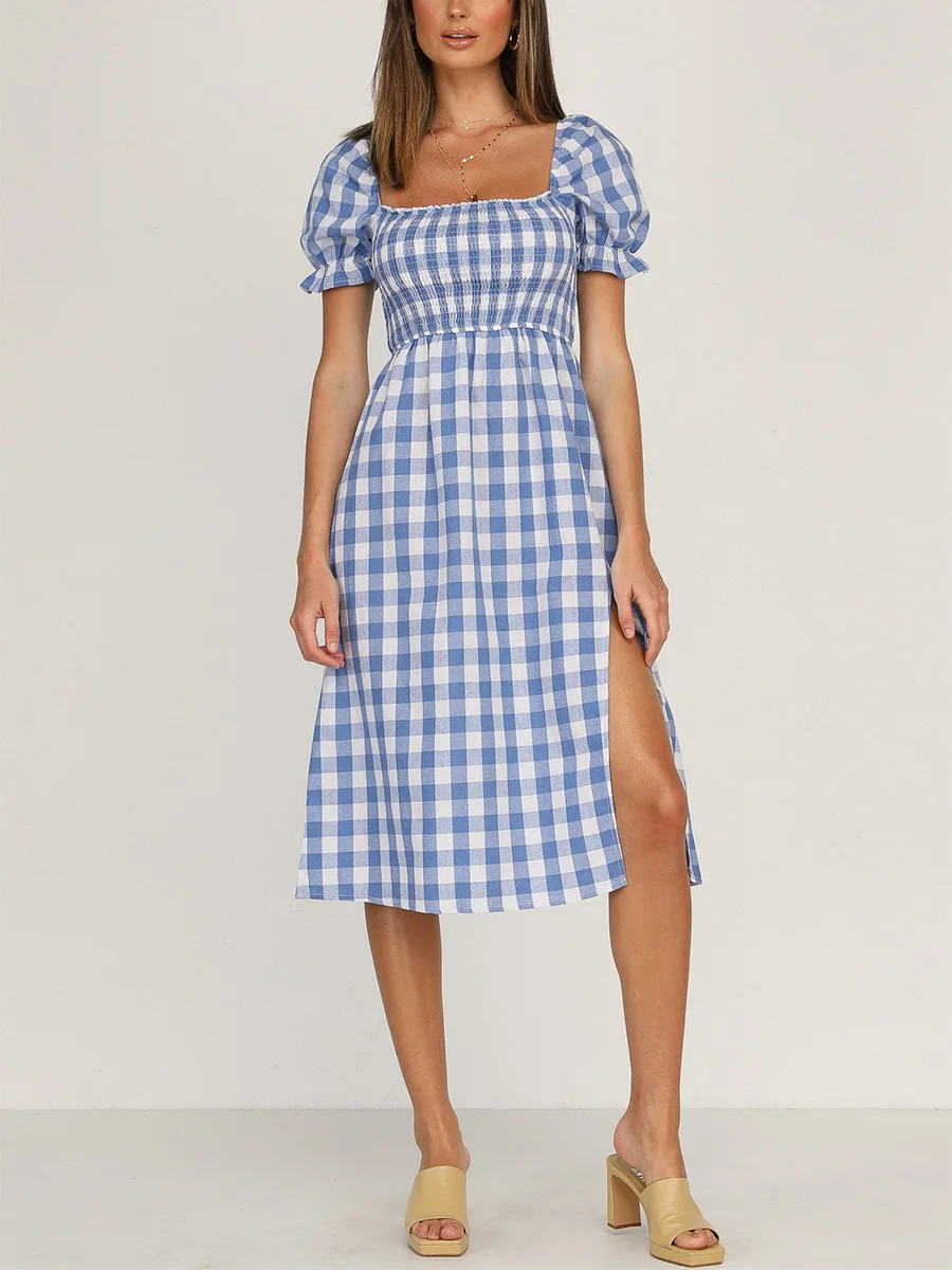 

Fashion Summer Clothes 2022 Women Dresses Short Puff Sleeve Front Slit Hem Midi Dress Square Neck Shirred Gingham Casual Dress