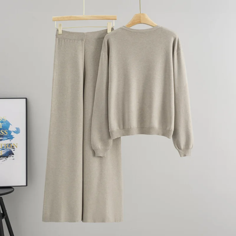 Women Suits Knitwear Two Piece Sets Pullover Beading Sweater Knitted Wide Leg Pants Outfits 2026 Spring Autumn Solid Knit Suit