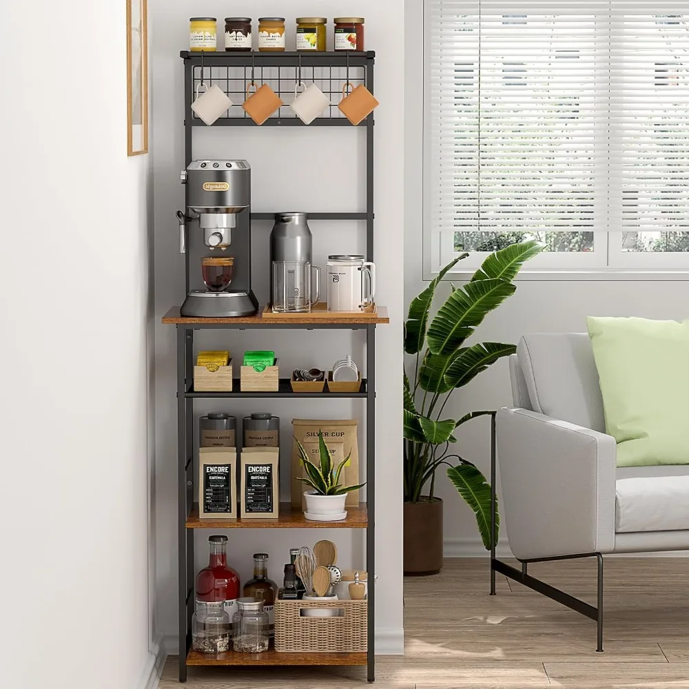 

5 Tier Coffee Bar Station, Coffee Stand Station with 4 S-Shaped Hooks, Farmhouse Corner Coffee Bar Cabinet for Small Spaces