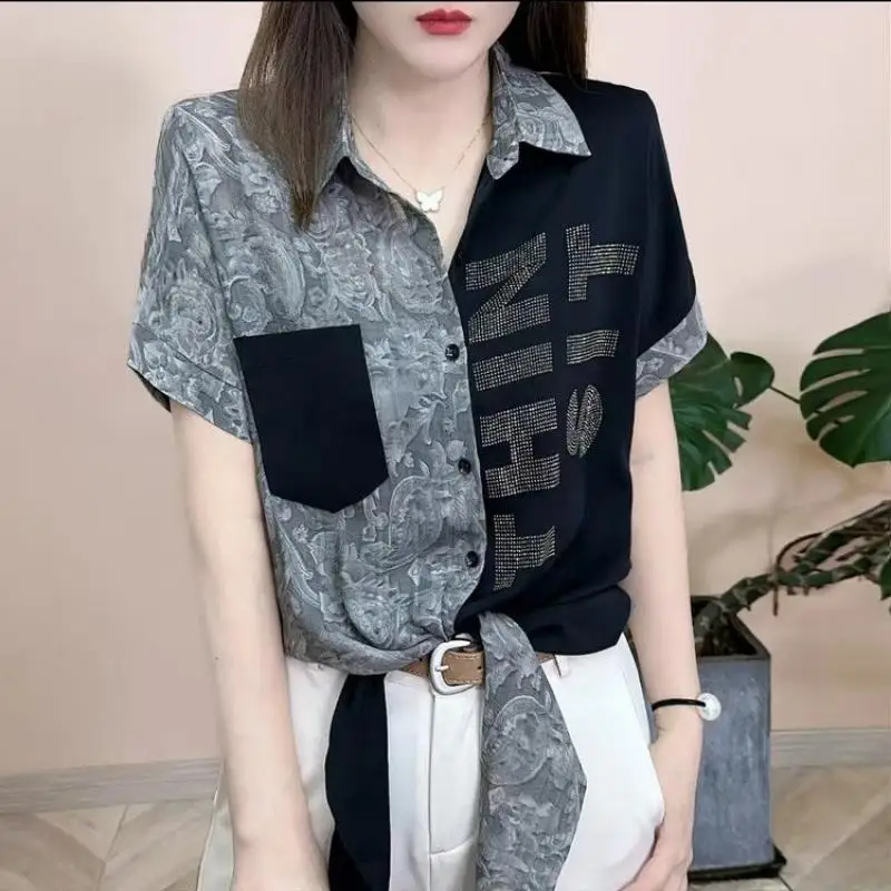 

Летняя женская одежда, рубашка с коротким рукавом, свободные повседневные элегантные модные шифоновые топы в европейском стиле, тонкие цветные столкновения