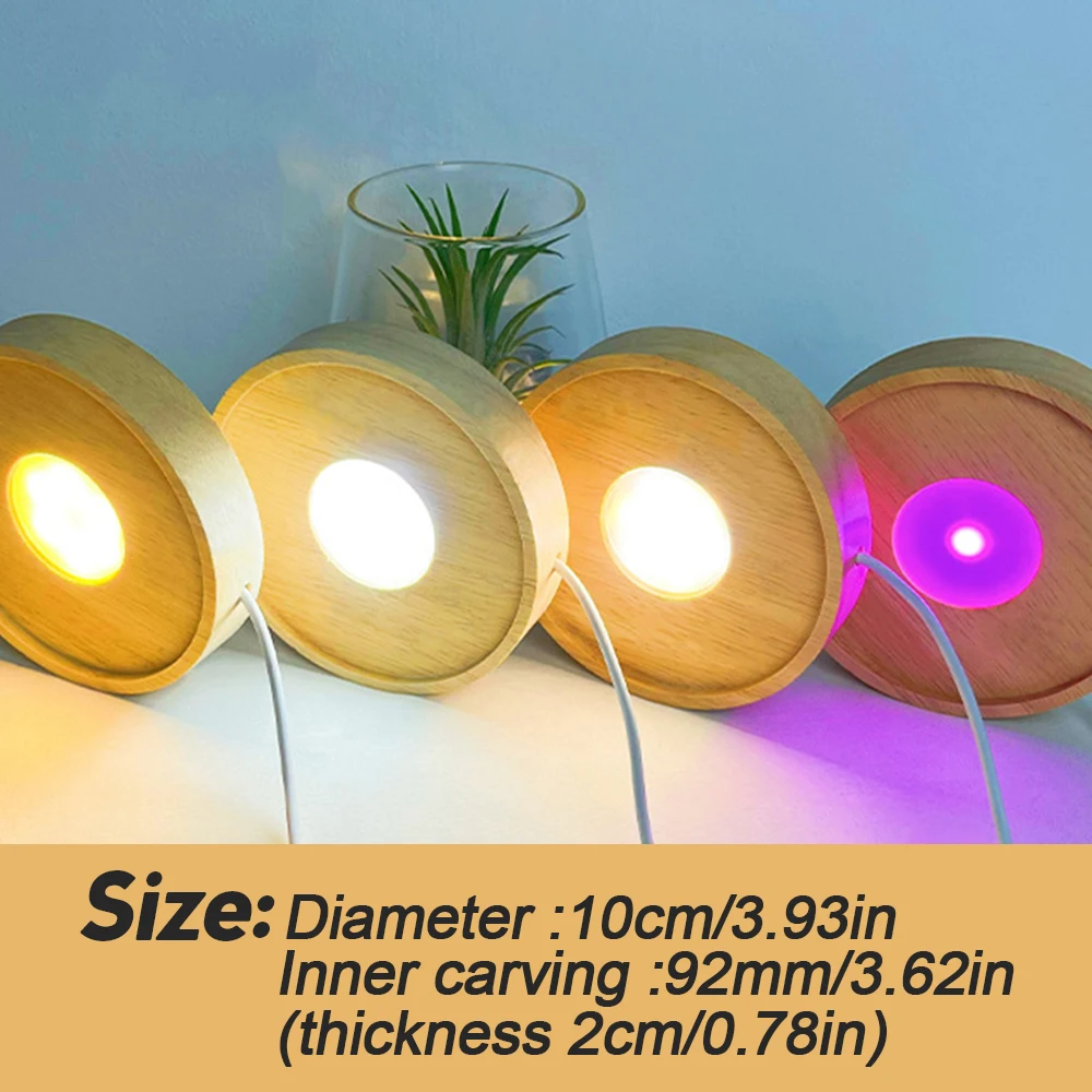 Round Wood Light Base USB Glass Resin Crystal Art Ornament Holder Rotating Display Stand Luminous Lamp Base LED Night Light