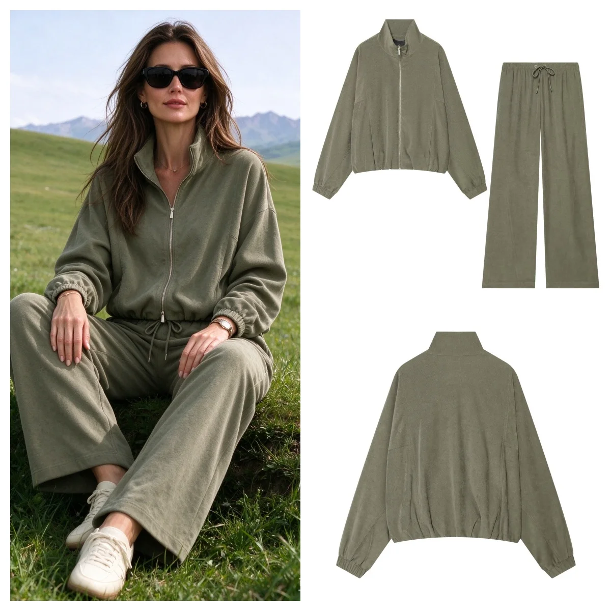 Autumn Women Loose Two Piece Set Zip Up Stand Collar Jacket Drawstring Wide Leg Trousers Casual Streetwear Home Wear Tracksuit