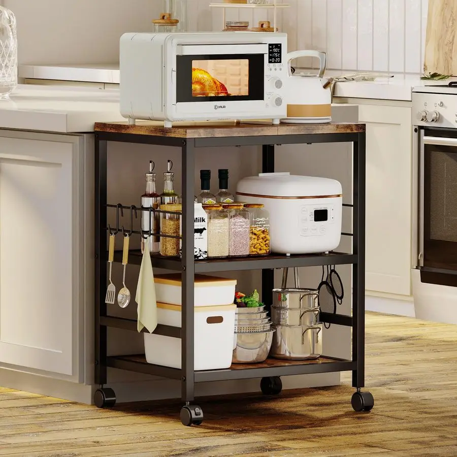 

3-уровневая деревянная тележка для микроволновой печи с местом для хранения, подставка для микроволновой печи 22,4 Вт, тележка для кофе, кухонная тележка на колесиках, 5 крючков,