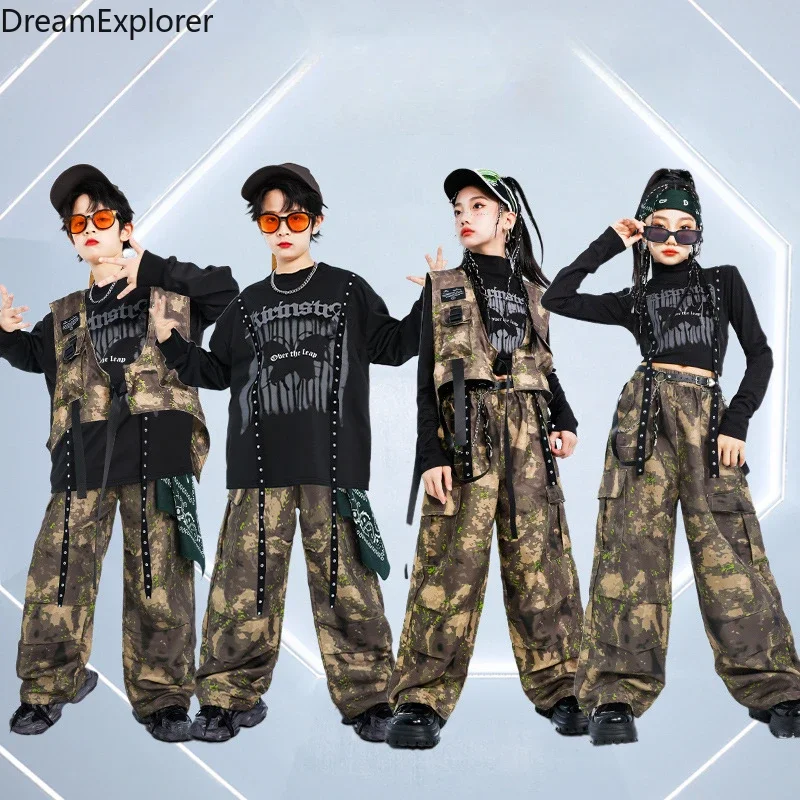 Girls K-pop Crop Top Camouflage Vest Cargo Pants Boys Hip Hop Sweatshirt Street Dance Clothes Sets Kids Jazz Children Streetwear