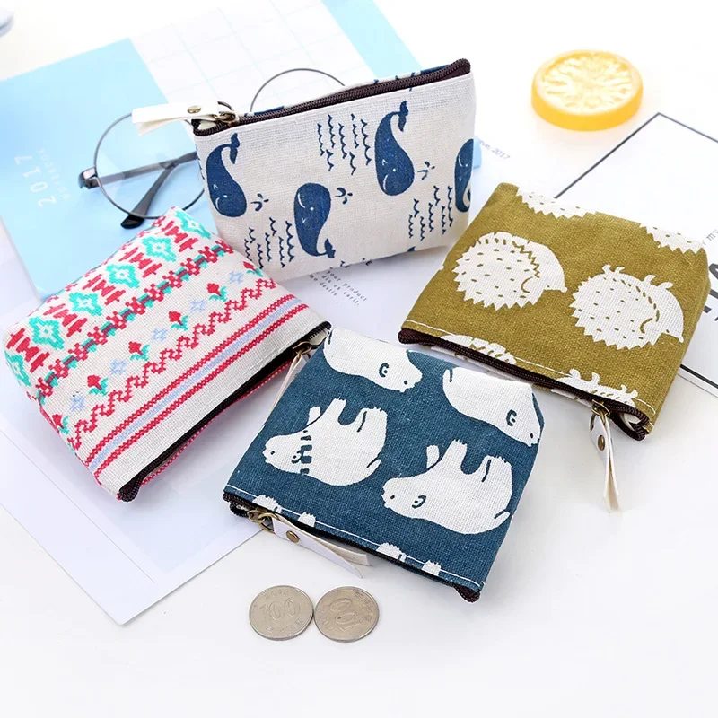 Students Cute Canvas Fabric Coin Money ID Bus Cards Storage Bags Small Square Polar Bear Whale Keys Earphone Storage Bags Wallet