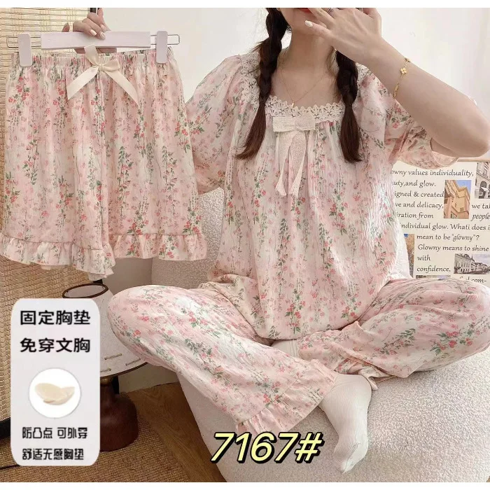 3 Piece Short Sleeve Pants Floral Print Woman Satin Pajama Sets Ensembles Lady Outfit Lounge Women Pijama Sleepwear Pj