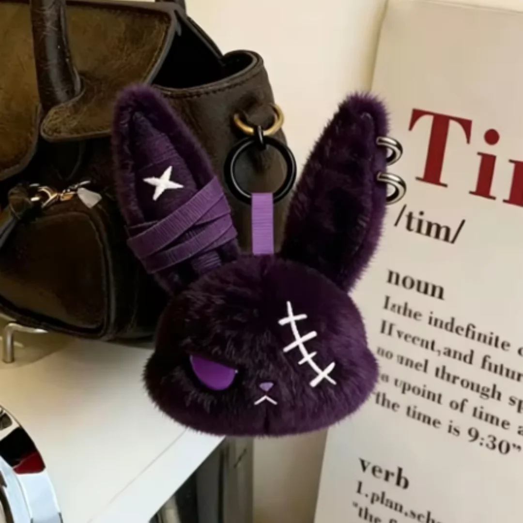Gothic Bunny Plush Keychain RabbitBag Charm with Bandage  Desian Kawaii Key Ring Pendant Car Bag Ornament Girl Child Gift To