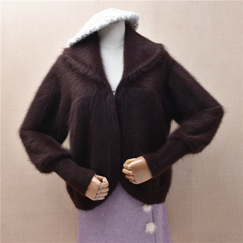 Ladies Women Autumn Winter Hairy Plush Mink Cashmere Knitted Long Lantern Sleeves Turn-Down Neck Loose Cardigan Sweater Jacket