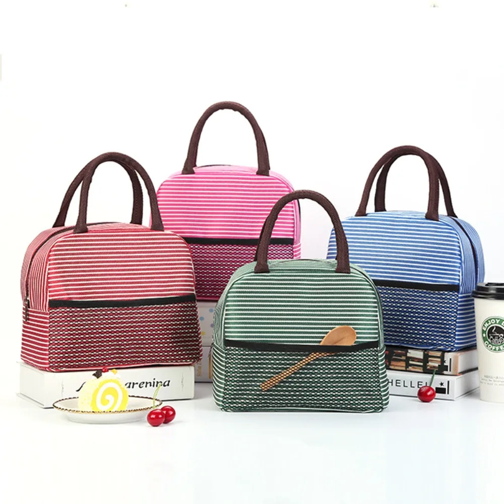 Multifunctional Aluminum Film Lining Striped Thermal Lunch Bag Zippered Large Capacity Handbag Insulated Tote Bag Worker