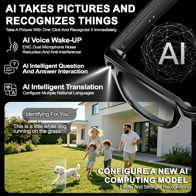 Hot Selling AI Smart Glasses 8MP Camera 1080P Video Recording Photo Recognition Translation Bluetooth Call Music Sunglasses Men