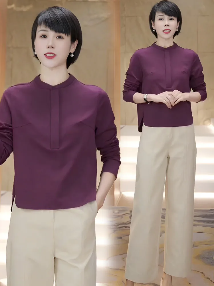 

Loose Fit Long Sve Pure Cotton Mommy Sle T-irt Women's Base irt Open Slit Slimming Top Casual Sle Color