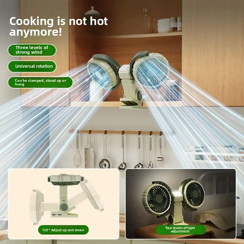 Summer Car Clip Dual Head Fan Desk Fans 3-Speeds Two Light Modes USB Rechargeable Fans 360° Rotatable Desktop Cooling Air Fan