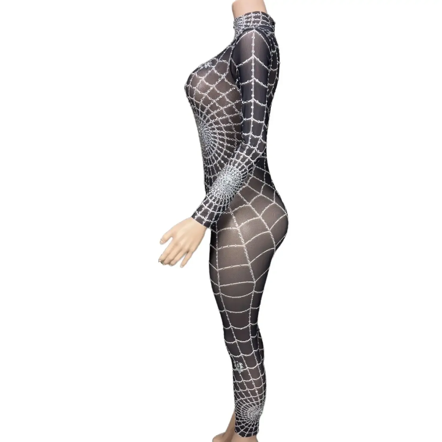 Spider web Women Long Sleeve Sexy Printed Hot Diamond Skinny Long Foot Jumpsuit Nightclub Party Prom Stage Performance Costumes