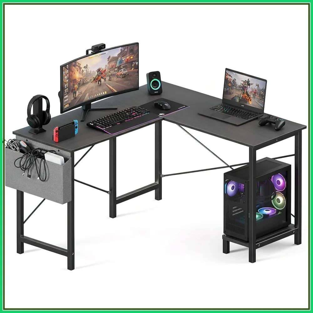 

L Shaped Desk, 50-Inch Corner Computer Gaming Desk with Side Bag and Reversible Shelf for Home Office Writing Study Black