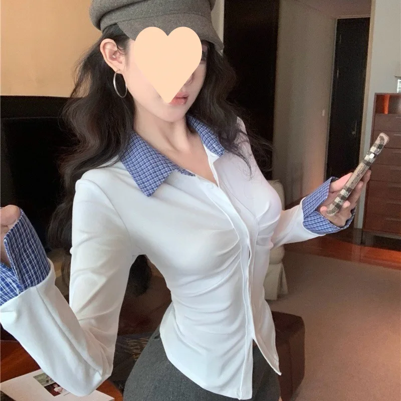 Pure Desire Stijl Patroon Patch Gerimpelde Lange Mouw Tweedelige Tops Voor Vrouwen 2023 Lente Nieuwe Koreaanse Academy Stijl shirt