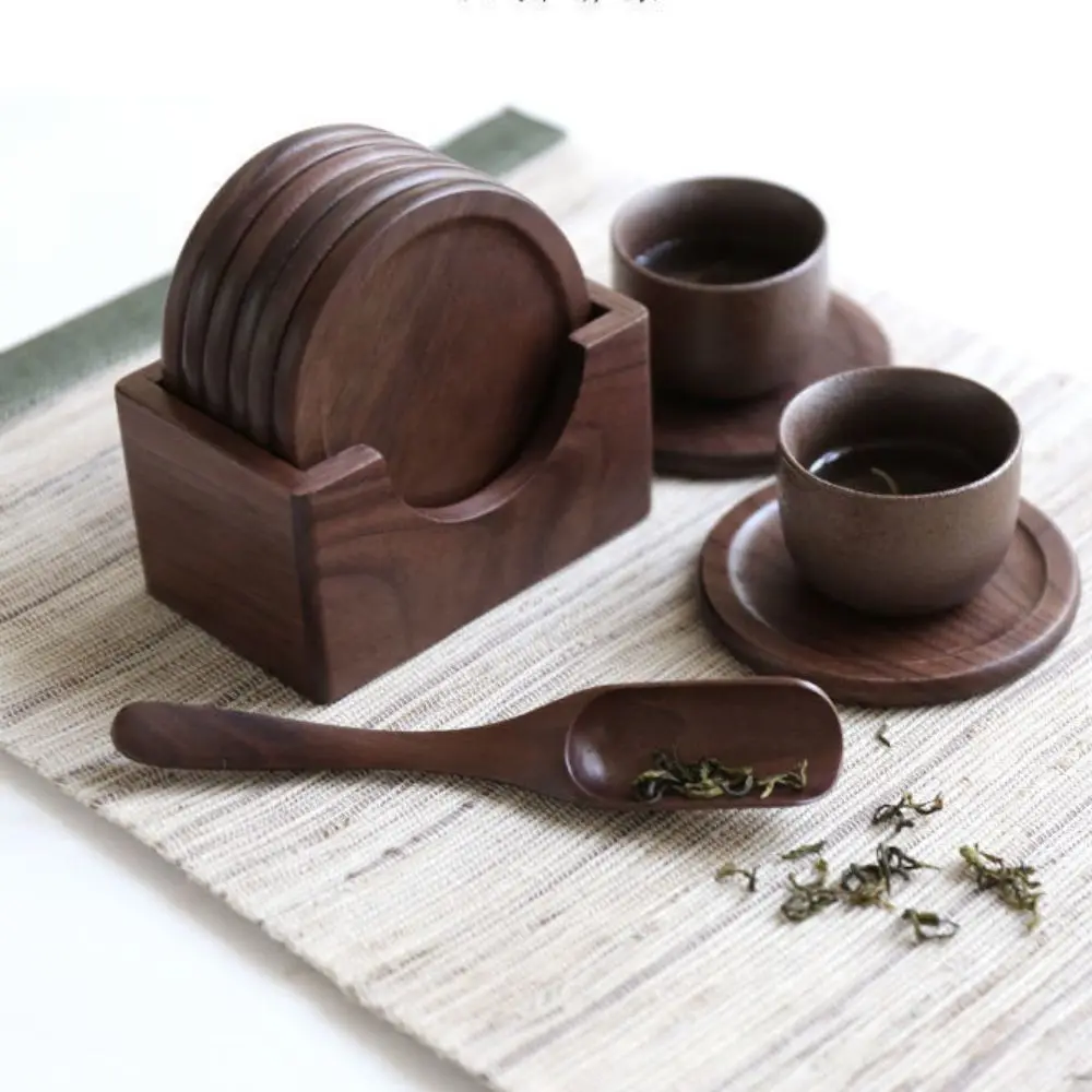 

6pcs/set Teaware Japanese Style Wood Coaster Round Non-slip Teacup Mat with Storage Box Anti-scalding Insulated Placemat Gift