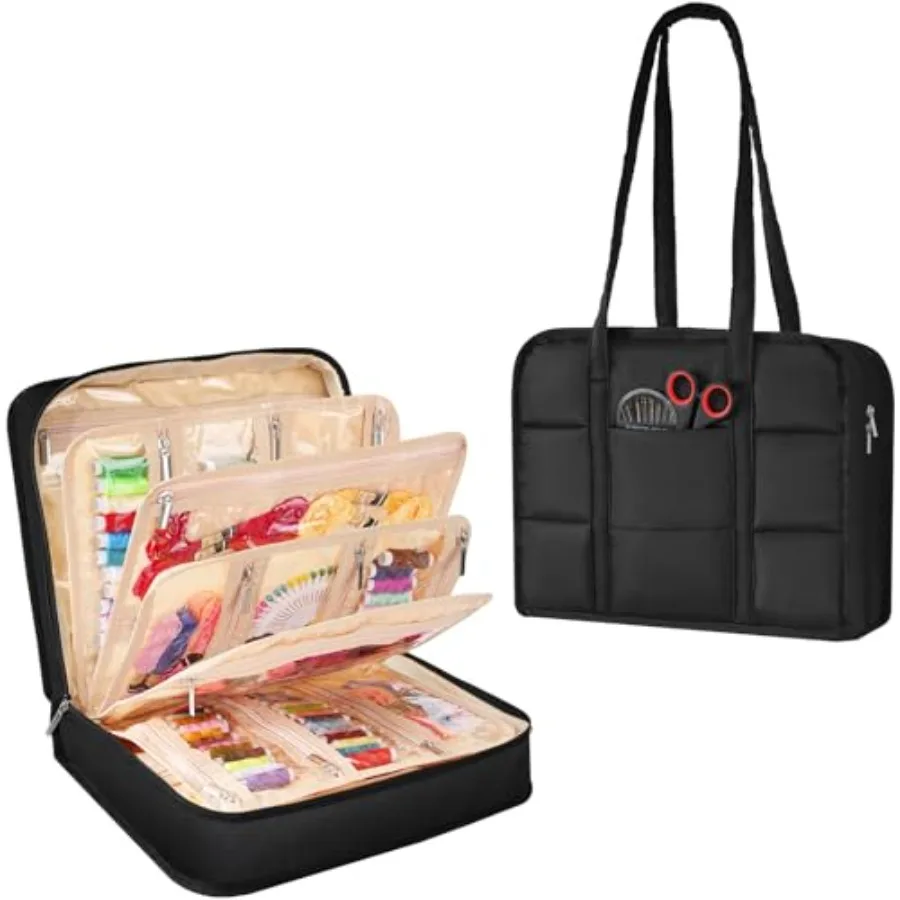 

Large Capacity Black Sewing Craft Storage Tote with Clear Pockets and Handle for Knitting Crochet Art Tools Threads Needles Sci