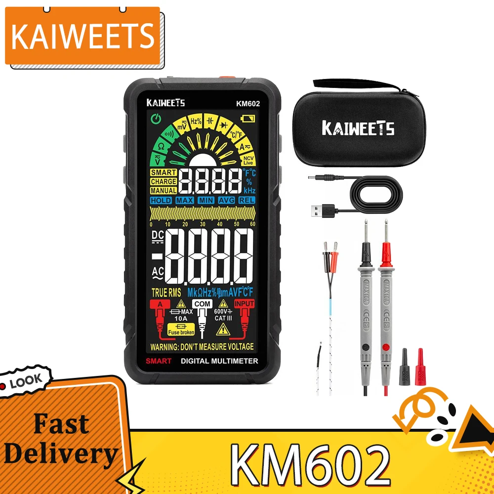 KAIWEETS KM602 Multimetro digitale 6000 conteggi Misuratore True-RMS Modalità intelligente Modalità manuale Batteria ricaricabile da 1200 mAh Torcia automatica