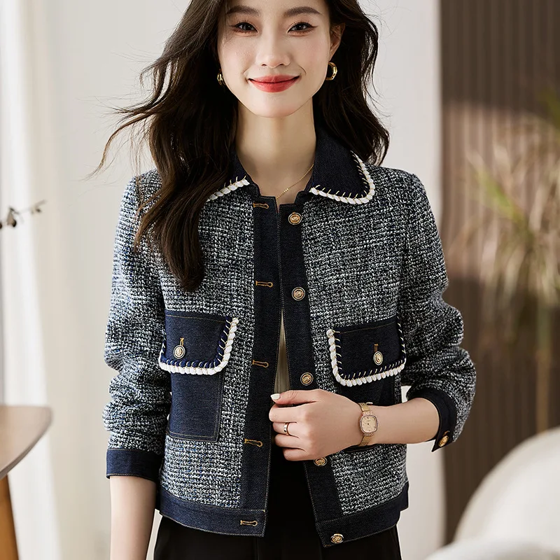 

Tweed Jacket Distressed Womens Vintage Pure Classic Embroidered Patched Fitted Matte Anti-Wrinkle Self-Belt Letterman Varsity OL