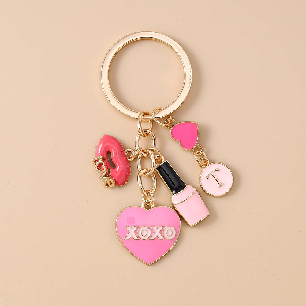 Cute Enamel Pink Love Heart Keychain Women Girls Sexy Lip Flower Key Ring Pendants for Handbag Decor DIY Handmade Jewelry Gifts